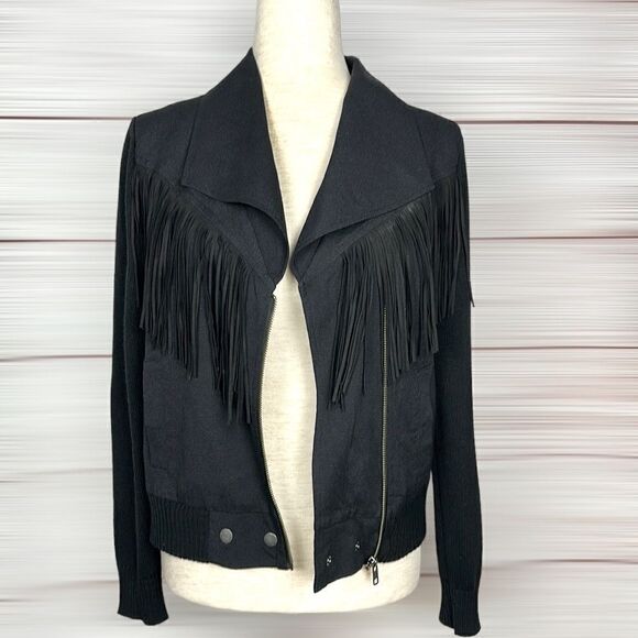 ELLA MOSS Black Lightweight Fringed Moto Jacket Knit Sleeves and Back size S - Picture 3 of 14